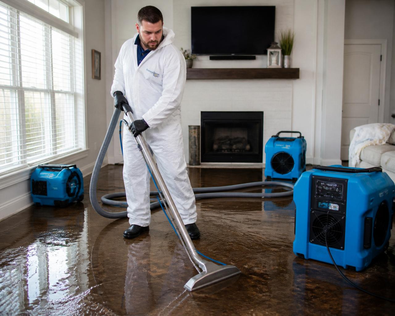 PuroClean technician in PPE extracting water and operating drying equipment in a flooded home